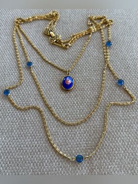 Vintage Necklace GOLDETTE Blue Enamel Flower Rose Pendant 3 Strands Long Chains